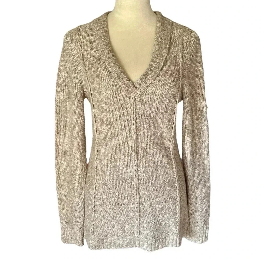 Antonio Melani Cozy Preppy Knit Pullover Sweater V-Neck Neutral Women Sz M